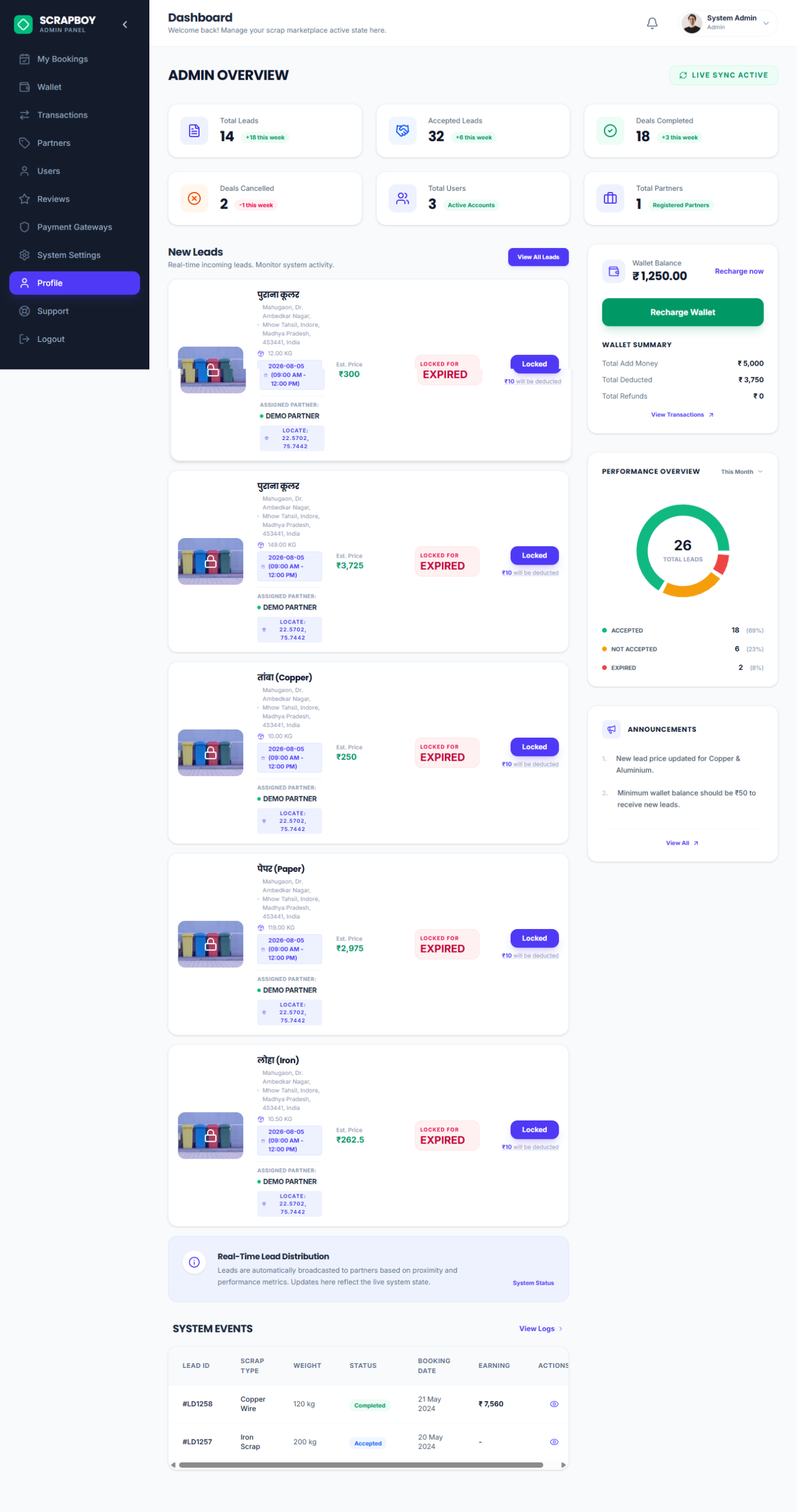 Online Scrap Marketplace Pickup Booking System with User Partner Admin Panel