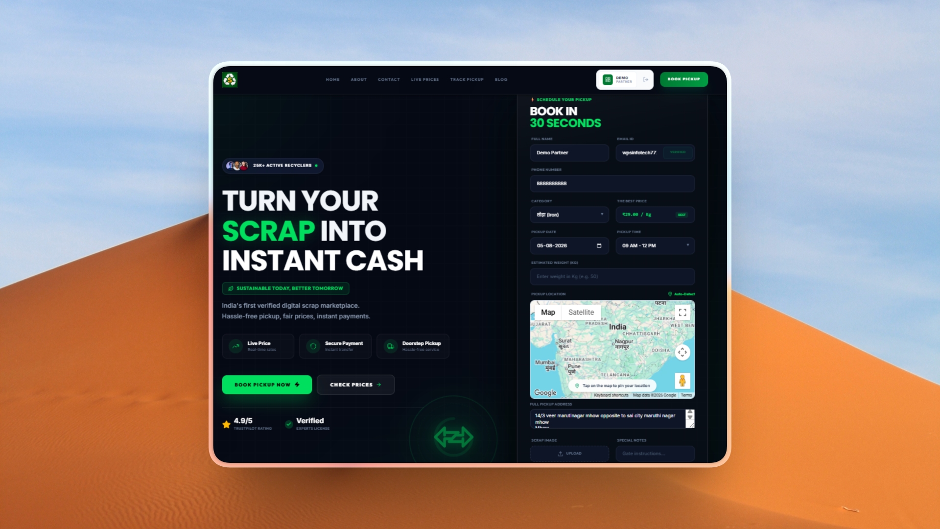 Online Scrap Marketplace Pickup Booking System with User Partner Admin Panel